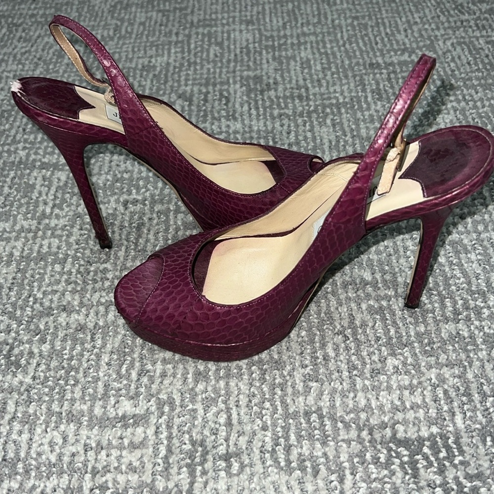 Jimmy Choo purple snake skin peep toe heels